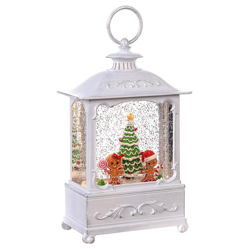 White glass lantern with snow and gingerbread decorations, LED light, 25x15x10 cm 5