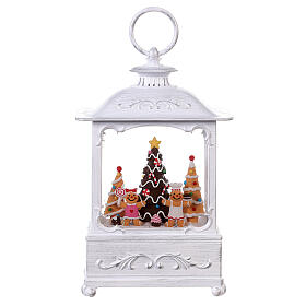 White glass lantern, gingerbread men and Christmas trees, LED lights, 25x15x10 cm