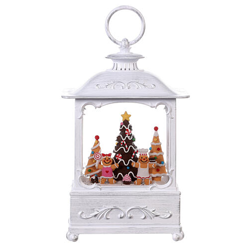 White glass lantern, gingerbread men and Christmas trees, LED lights, 25x15x10 cm 1