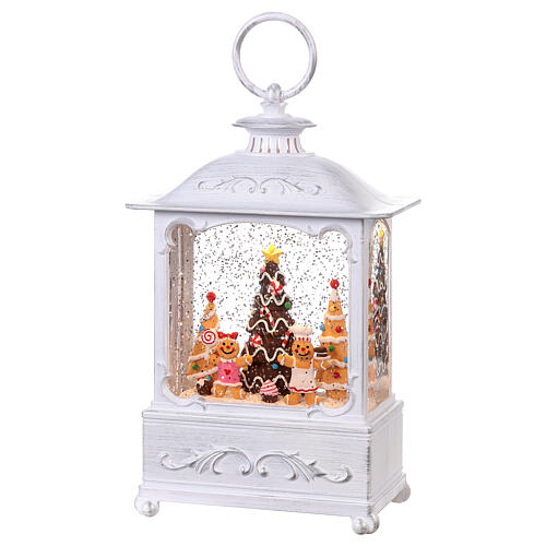 White glass lantern, gingerbread men and Christmas trees, LED lights, 25x15x10 cm 4