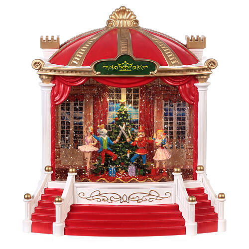 Stage with Nutcracker scene, glass, snow and LED lights, 25x20x10 cm 2