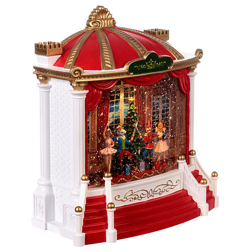Stage with Nutcracker scene, glass, snow and LED lights, 25x20x10 cm 3
