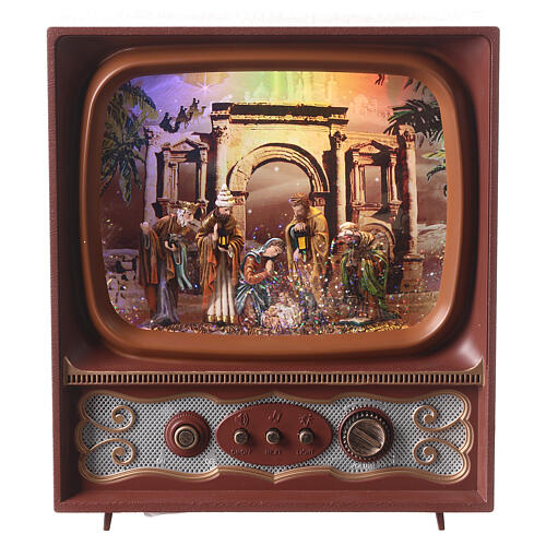 Vintage television, Nativity Scene with Wise Men, snow and LED lights, 25x20x10 cm 1