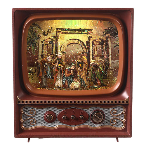 Vintage television, Nativity Scene with Wise Men, snow and LED lights, 25x20x10 cm 2