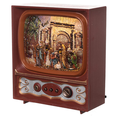 Vintage television, Nativity Scene with Wise Men, snow and LED lights, 25x20x10 cm 3
