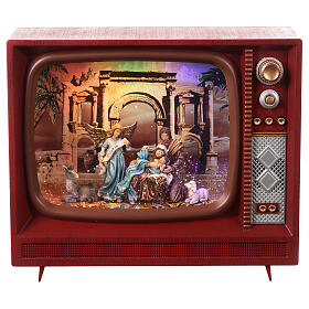 Christmas televition with Nativity Scene, glass, snow and LED lights, 20x25x10 cm