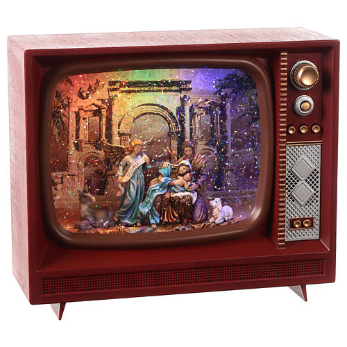 Christmas televition with Nativity Scene, glass, snow and LED lights, 20x25x10 cm 4