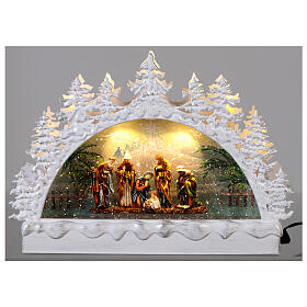 White glass half moon, colourful Nativity Scene, LEDs, 20x30x10 cm