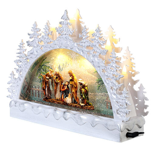White glass half moon, colourful Nativity Scene, LEDs, 20x30x10 cm 3