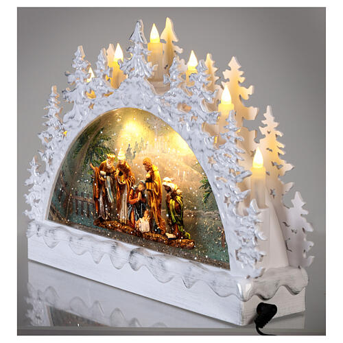 White glass half moon, colourful Nativity Scene, LEDs, 20x30x10 cm 4