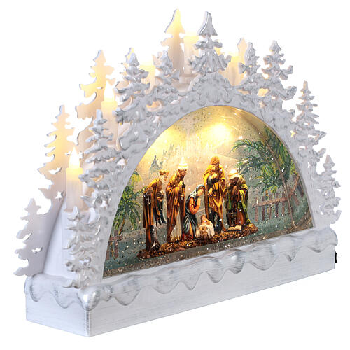 White glass half moon, colourful Nativity Scene, LEDs, 20x30x10 cm 5