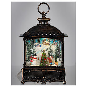 Glass lantern, landscape with snowman, LED and snow, 30x20x10 cm