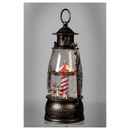 Glass lantern, carousel, LED and snow, 30x20x10 cm 4