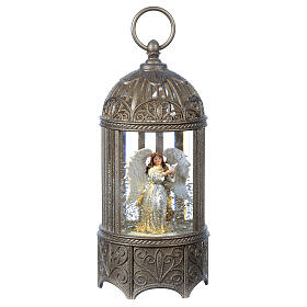 Cylindrical glass lantern, Angel, LED and glitter, 30x10x10 cm