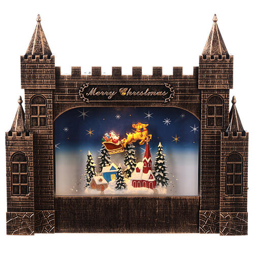 Christmas castle, Santa's sleigh, glass, snow and LED lights, 25x30x5 cm 1