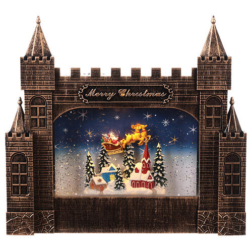 Christmas castle, Santa's sleigh, glass, snow and LED lights, 25x30x5 cm 2