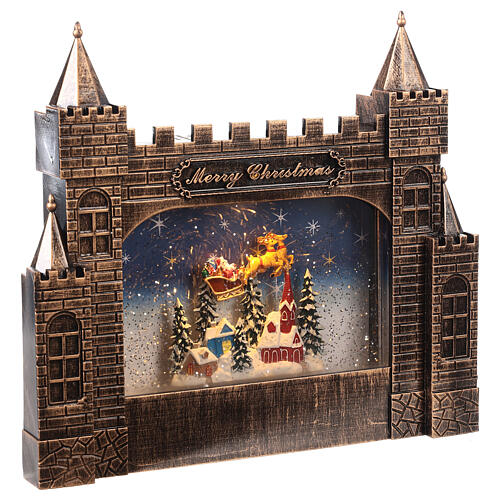Christmas castle, Santa's sleigh, glass, snow and LED lights, 25x30x5 cm 3