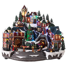 Cenário natalino em miniatura árvore e comboio movimento pilhas e corrente 32x43x36 cm