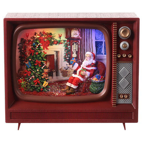 Christmas televition with Santa, glass, snow and LED lights, 20x25x10 cm 1