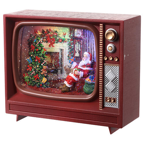 Christmas televition with Santa, glass, snow and LED lights, 20x25x10 cm 3