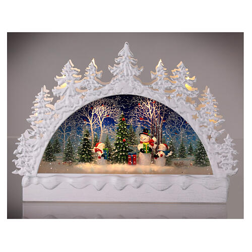 White glass crescent, family of snowmen, LED lights, 20x30x8 cm 2