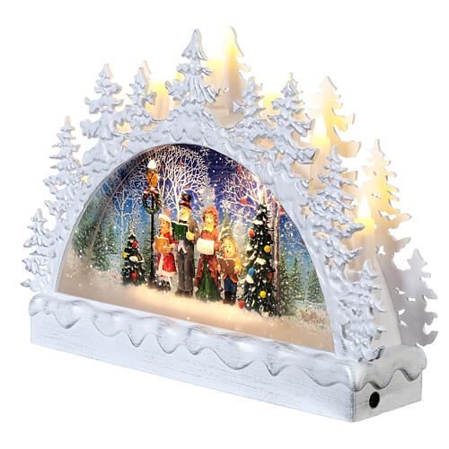 White glass crescent, family of singers, snow and LEDs, 25x30x8 cm 3