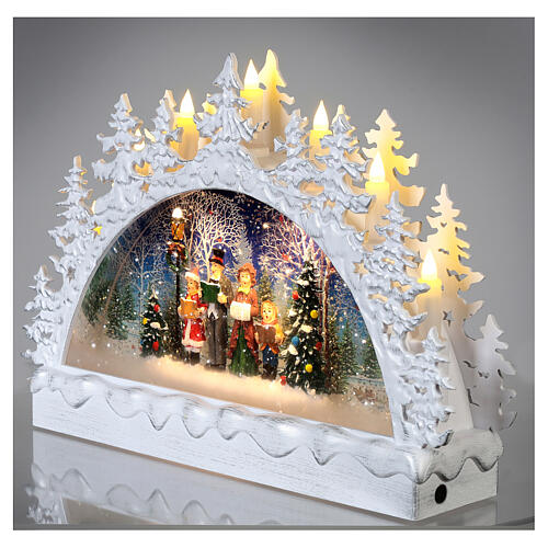 White glass crescent, family of singers, snow and LEDs, 25x30x8 cm 4