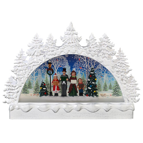 White glass crescent, family of singers, snow and LEDs, 25x30x8 cm 6