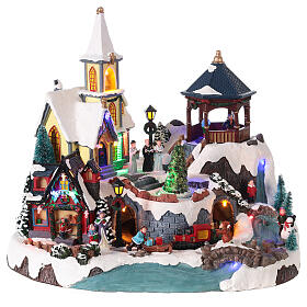 Christmas village church train movement LED lights 35x40x30 cm