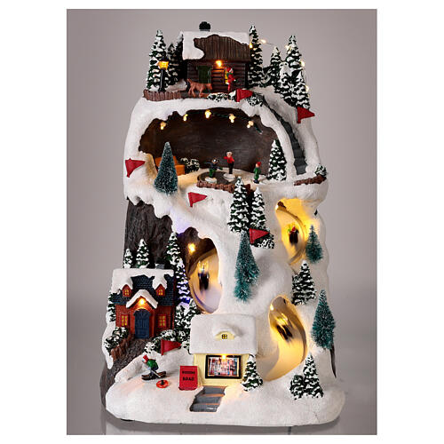 Christmas village set, mountain with skiers in motion, LED lights, 40x25x20 cm 2