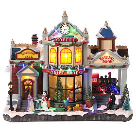 Cenário natalino em miniatura estação com lojas movimento luzes LED 34x40x17,5 cm