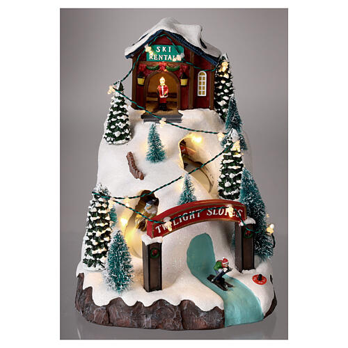 Christmas village, mountain with skiers, animation and LED light, 20x15x25 cm 2
