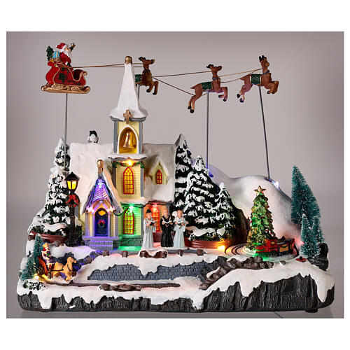 LED Christmas village snow church sleigh santa claus movement 30x35x18 2