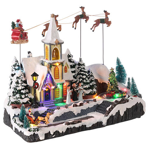 LED Christmas village snow church sleigh santa claus movement 30x35x18 4