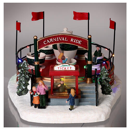 Carrossel de carnaval xícaras miniatura movimento luzes LED 15x22,5x29 cm 2