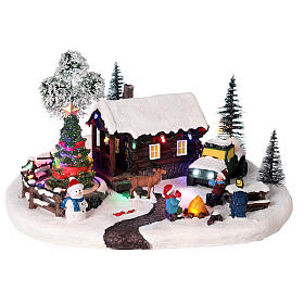 Cenário natalino em miniatura casa, carrinha, árvore de Natal movimento luzes LED 15x31x19,5 cm