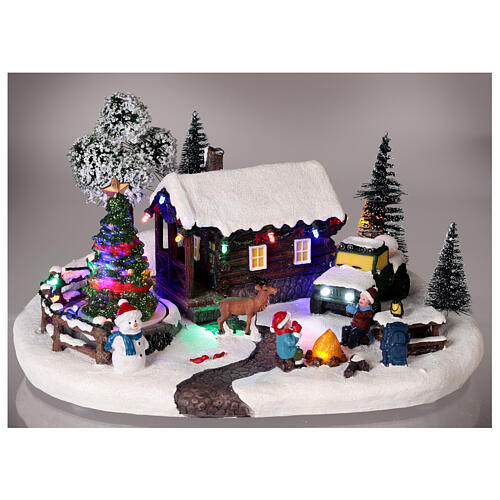 Cenário natalino em miniatura casa, carrinha, árvore de Natal movimento luzes LED 15x31x19,5 cm 2
