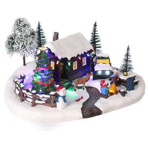 Cenário natalino em miniatura casa, carrinha, árvore de Natal movimento luzes LED 15x31x19,5 cm 4