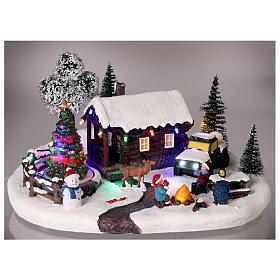 LED Christmas village house campfire with Christmas tree animated 15x30x20 cm