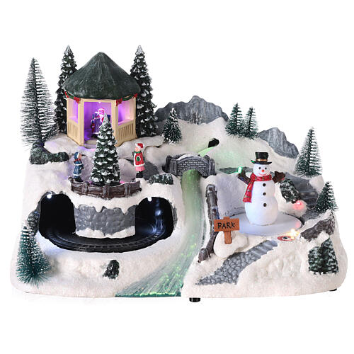 Cenário de Natal em miniatura nevado comboio e boneco de neve movimento e luzes LED 19,5x30x19 cm 1