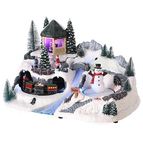 Cenário de Natal em miniatura nevado comboio e boneco de neve movimento e luzes LED 19,5x30x19 cm 3