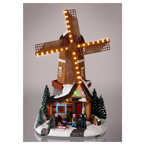 Christmas snowy village with wind mill in motion, LED lights, 35x20x15 cm 2
