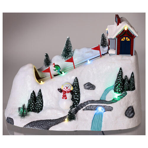 Christmas snowy village, mountain with skiers in motion, LED lights, 20x30x15 cm 2
