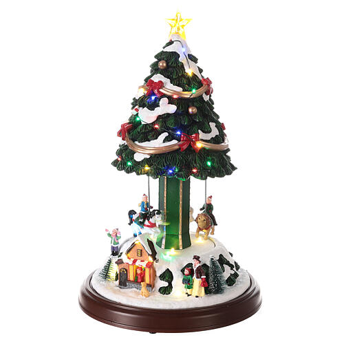 Carrousel sapin Noël neige chevaux mouvement lumières LED 40x25x25 cm 3