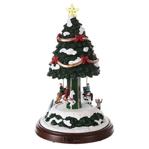 Carrousel sapin Noël neige chevaux mouvement lumières LED 40x25x25 cm 5