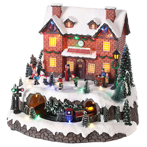 Christmas village set with snow and train in motion, LED lights, 30x30x25 cm 3