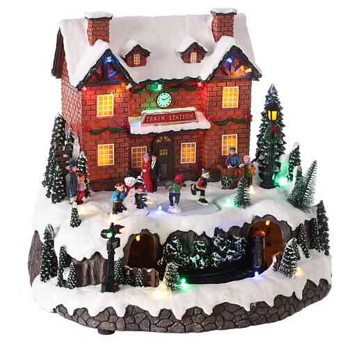 Christmas village set with snow and train in motion, LED lights, 30x30x25 cm 4