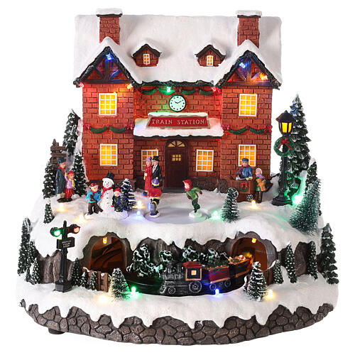 Villaggio Natale neve stazione treno movimento luci led 30x30x25 cm 1