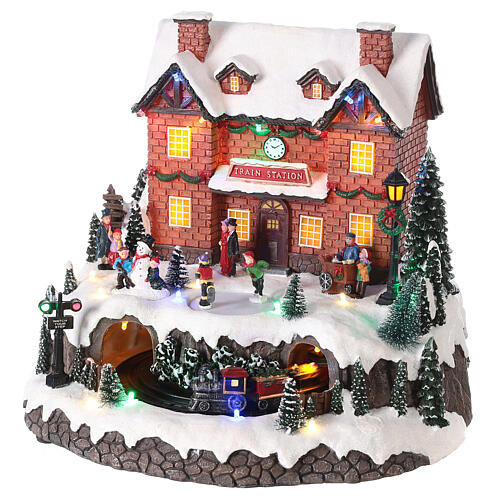 Villaggio Natale neve stazione treno movimento luci led 30x30x25 cm 3
