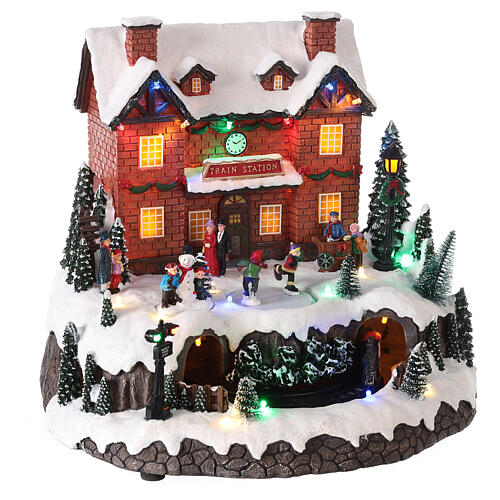 Villaggio Natale neve stazione treno movimento luci led 30x30x25 cm 4